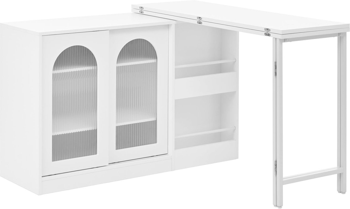 Merax Bartafel Wit - Uitklapbare Bartafel met 360° Draaifunctie - Keukentafel met Opbergruimte en Glazen Deur - Industriële Bar Tafel en Sideboard - 121x40x77 cm