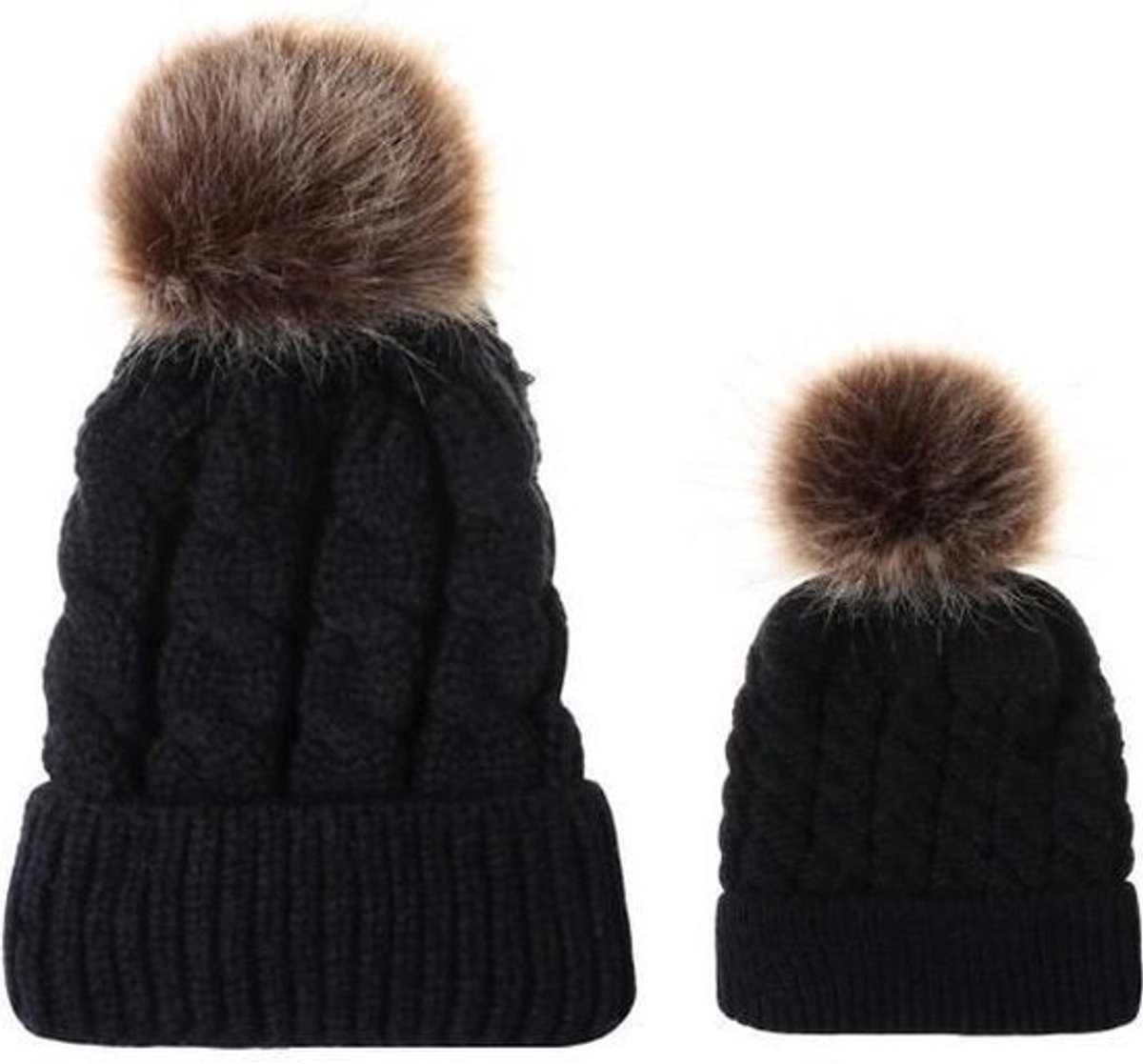 Matching ouder-baby wintermuts met pompom – zwart – twinning set voor moeder, vader en kind (3-24 maanden) - Kerstmutsen