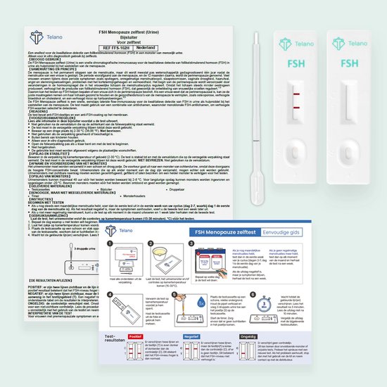 Gedetailleerde uitleg Telano FSH Menopauze zelftest met instructies en testresultaten: positief, negatief, ongeldig.