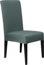 Een teal eetkamerstoelhoes met hoge rugleuning, gemaakt van lycra.