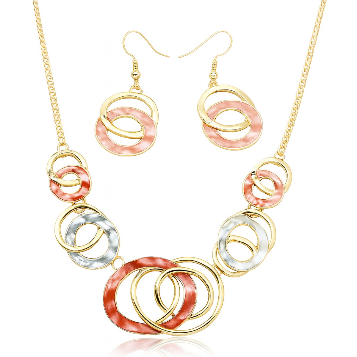 Dames sieradenset – Ketting en oorbellen met rood-blauwe cirkelvormige mozaïek