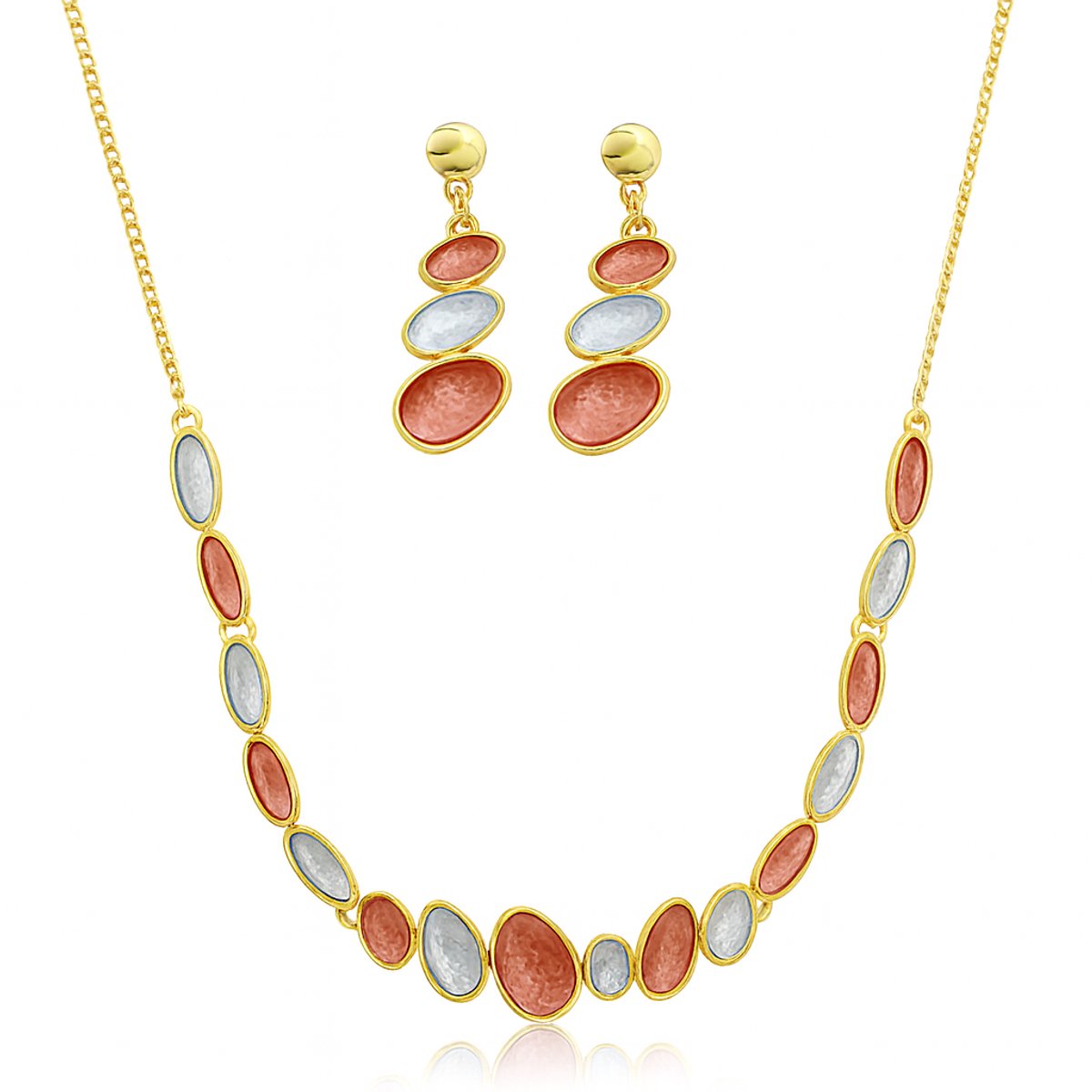Dames Sieradenset – Ketting en Oorbellen – Ovaal Ontwerp – Rood Blauw Goudkleur – Milieuvriendelijk Alloy