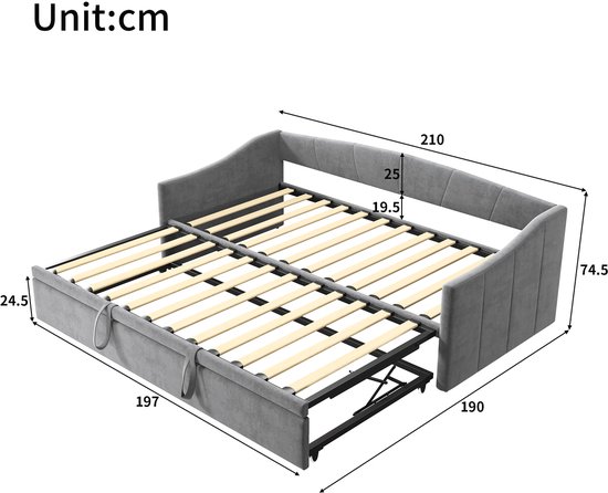 Gestoffeerd Bed 90 (180) X 200 Cm - 2-in-1 Multifunctionele Slaapbank Met Uittrekbaar Rolbed En USB, Grijs Linnen