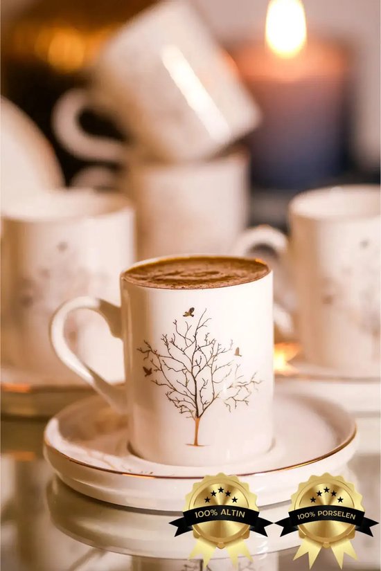 Set à café Derya en porcelaine, 12 pièces – 6 personnes – bord doré – 80 ml