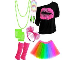 Allecto Plus - Voor dames: 17-delige accessoireset jaren 80 outfit voor cosplay en themafeesten (regenboog, XXL)