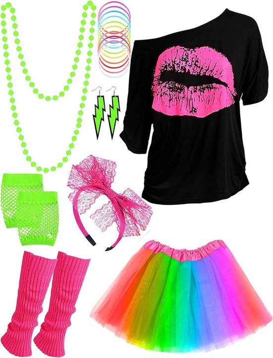Allecto Plus - Voor dames: 17-delige accessoireset jaren 80 outfit voor cosplay en themafeesten (regenboog, XXL)