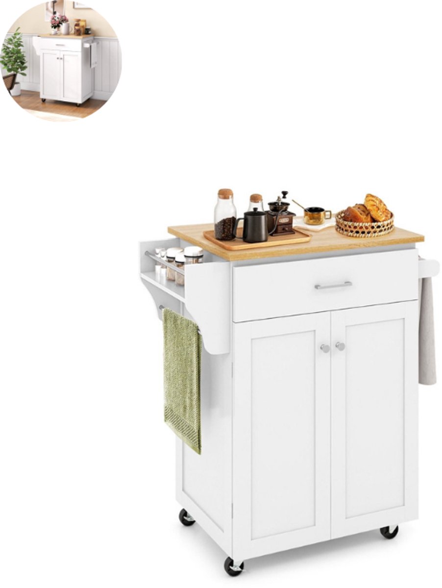 Keukeneiland - Verplaatsbaar - Keukenkast - Dressoir - Organizer - Kasten - Houten Werkblad - Wit