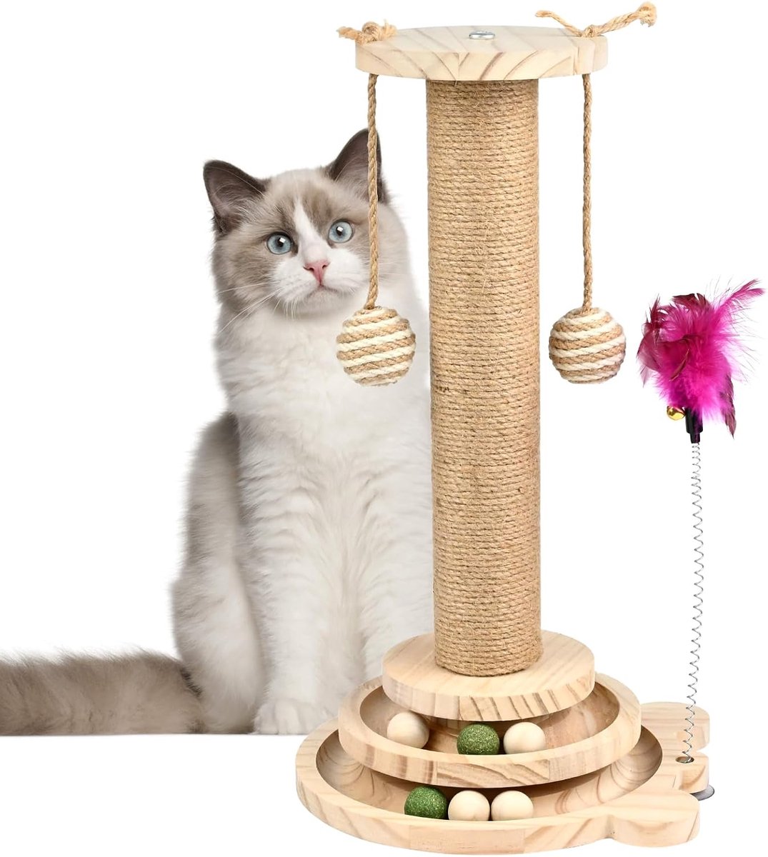 kattenboom_ 44,5 cm, natuurlijk sisal, met houten sokkel_hout