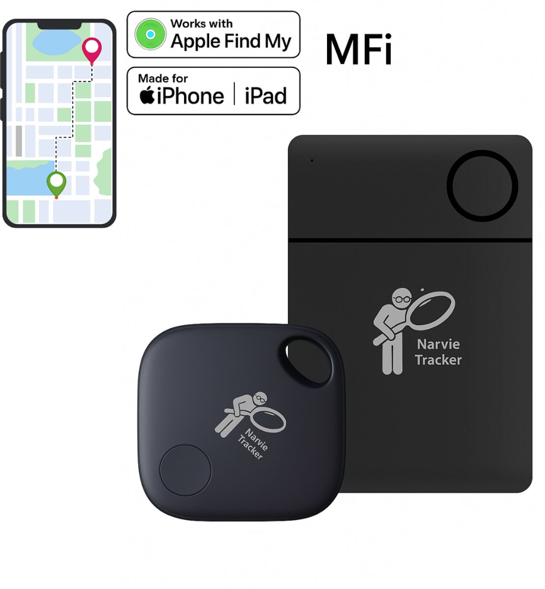 Narvie – Tracker set (2 stuks) – Sleutel tracker & Portemonnee tracker – Werkt met Apple Find My – Zonder abonnement – iOS