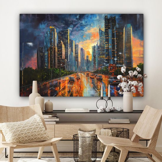 Tableau sur toile 140x90 cm - Décoration murale exclusive Voiture - Bâtiments - Soleil - Blauw - Décoration murale salon - Décoration chambre - Accessoires chambre - Peintures sur toile
