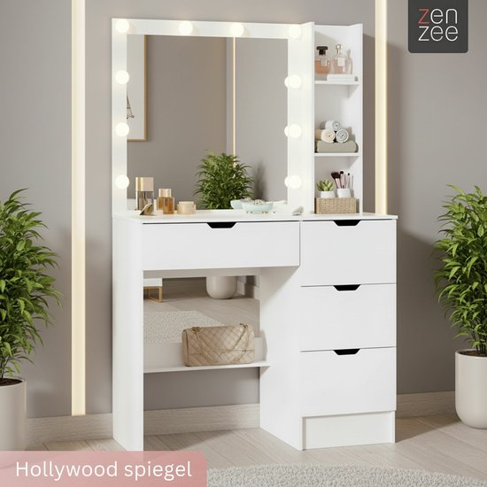 Zenzee Kaptafel – Make up tafel met spiegel – Hollywood spiegel - LED verlichting – Toillettafel – Veel opbergruimte – Wit