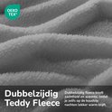 Close-up van de zachte textuur van grijze teddy fleece stof met OEKO-TEX label.