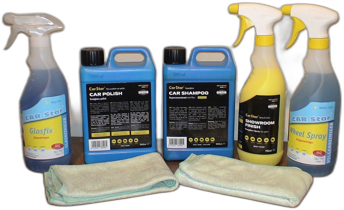 Car Star- Promotieset – Polish 1L, Shampoo + Wax 1L, Showroom Finish 750ml, Wheel Spray 750ml, Glasfix 750ml + 2 Microzeem Doeken