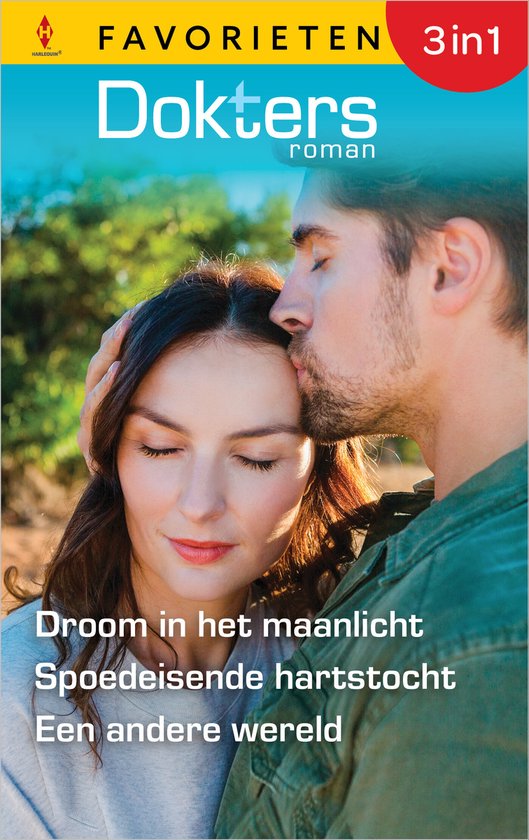 Cover met man die vrouw kust op voorhoofd. "Doktersroman Favorieten 3in1".