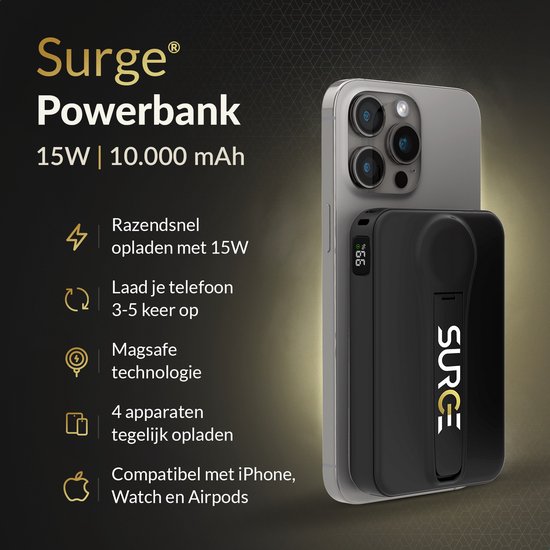 Zwarte Surge Powerbank 15W 10000 mAh laadt iPhone, Watch en AirPods tegelijk op met MagSafe.