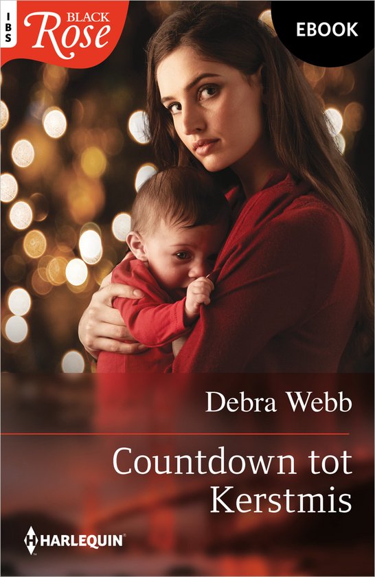 Boekomslag: Een vrouw met donker haar, gekleed in een rode trui, houdt een baby vast. De tekst 'Countdown tot Kerstmis' en 'Debra Webb' is zichtbaar.