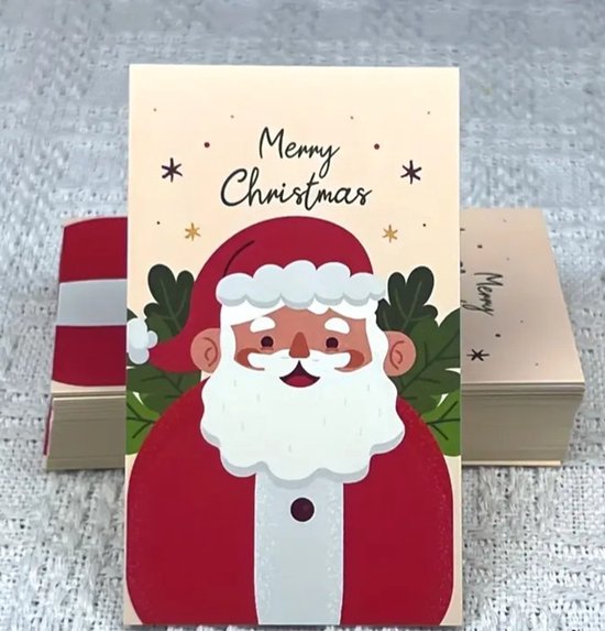 Kerstkaartje met een vrolijke Kerstman in rood met een witte baard en muts. Tekst 'Merry Christmas'.