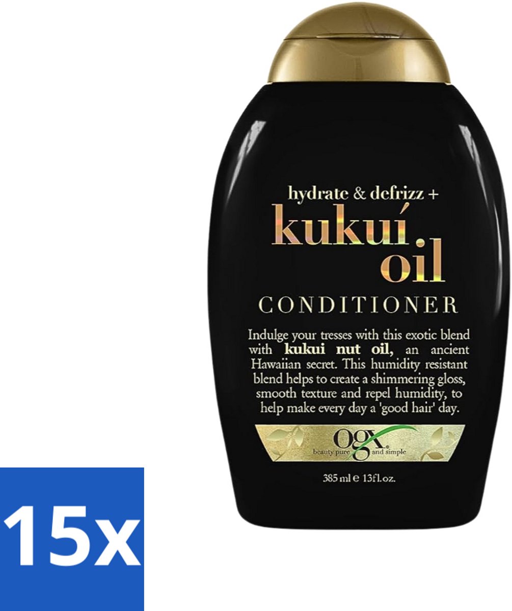 15 x OGX - Kukui Oil - Conditioner - Anti-Pluis - Hydraterend - 385 ml - Anti-pluis Conditioner - Kukui Oil Conditioner - Hydraterend Haarverzorging - Pluisvrij Haar - Krulcontrole