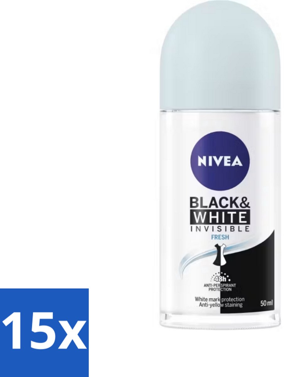 15 x Nivea - Deodorant - Roller - Black & White Invisible Fresh - 50 ml - NIVEA Deodorant Roller - Anti-transpirant - 48 Uur Bescherming - Kledingvlekken Voorkomen - Zonder Alcohol