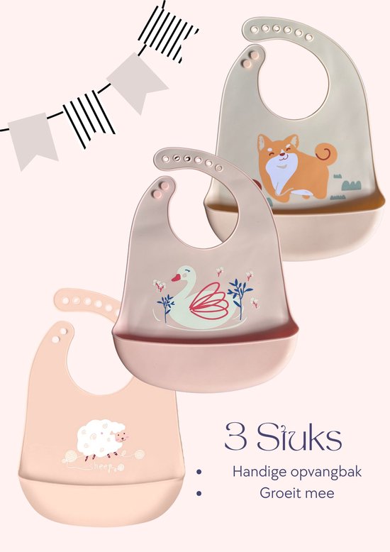 3 stuks Slabbetjes met Opvangbakje - Siliconen Slabber Baby Peuter - Verstelbaar en Waterproof - Kraamcadeau