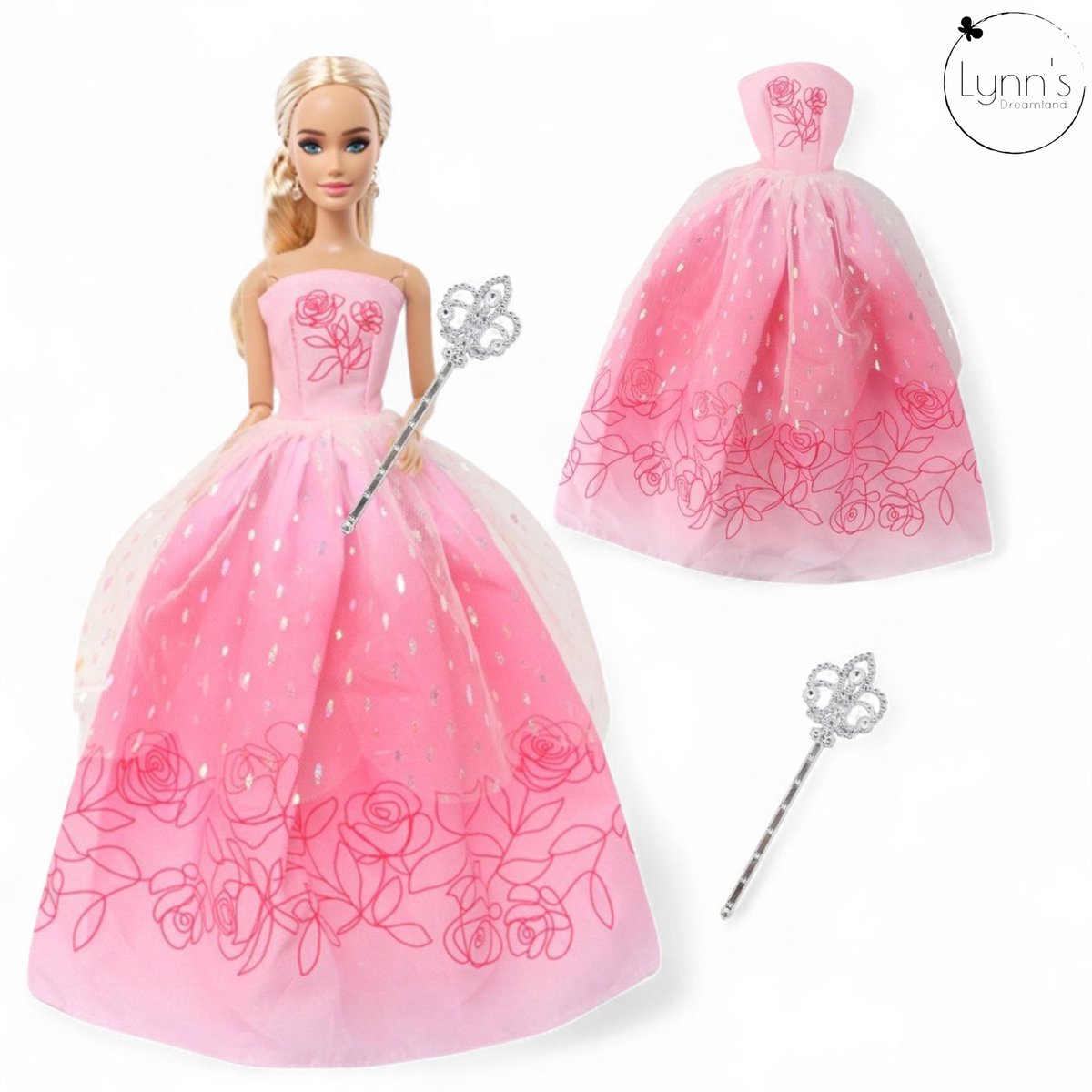 Lynn’s poppenkleertjes - Set ‘Callie’ - Geschikt voor (curvy) modepop - Set van 2 prinsessenjurken & 2 staffen - Wijde, luxe jurken - Cadeauzakje — afbeelding 2