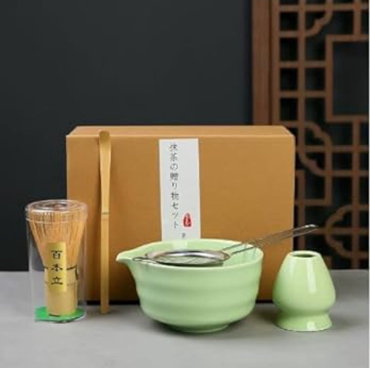 Luxe 4-Delige Japanse Matcha Theeset Groen – Handgemaakte Groene Kom & Bamboe Accessoires – Authentieke Theeceremonie voor Thuis