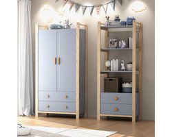 Pugsdrly Kast met dubbele draaideuren, gecombineerde kasten, kast + plank, set voor kinderkamer, gecombineerde meubels, met kledingroede en lades, sparrenhouten frame, kleurencombinatie blauw + natuurlijk hout, hoogte 180 cm