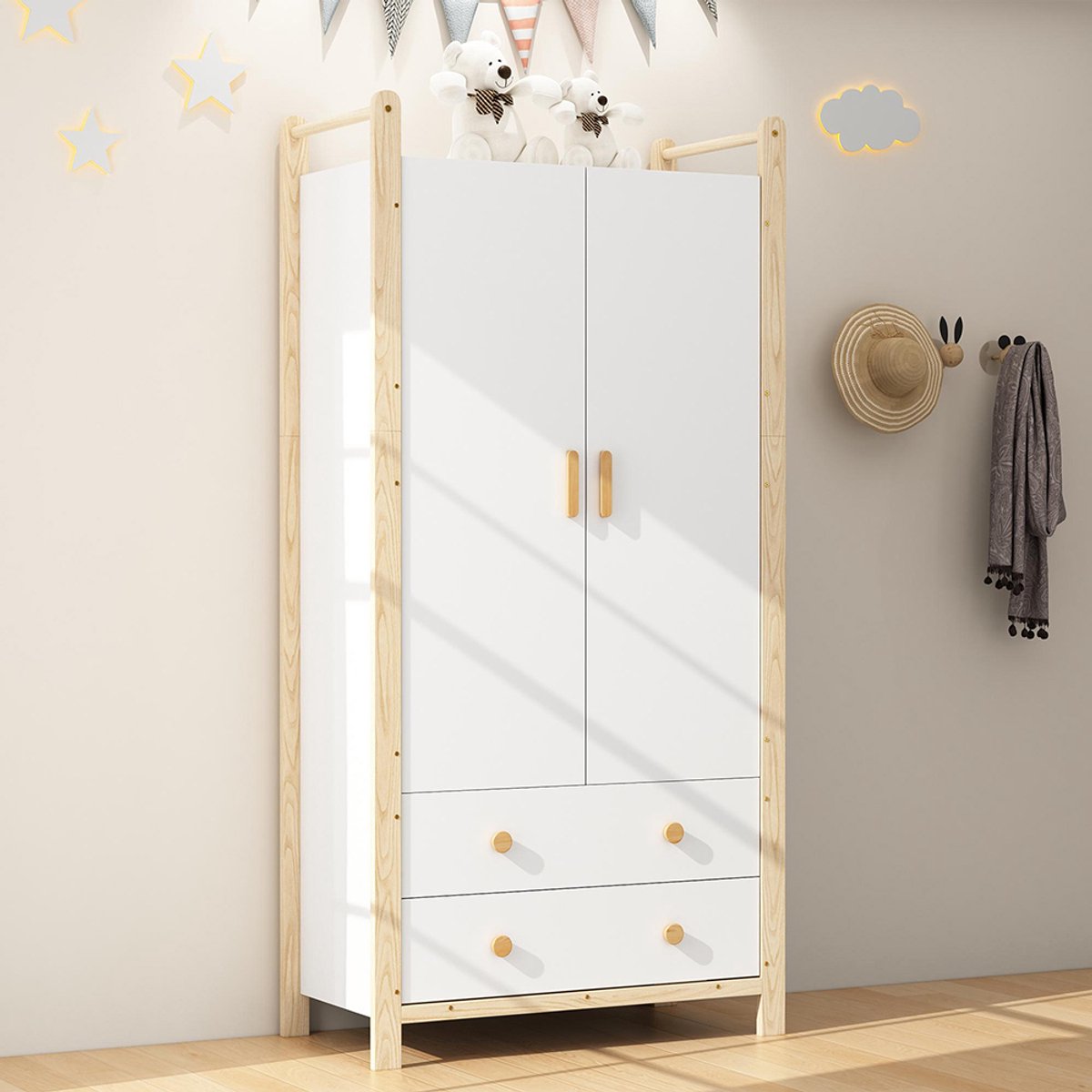 Pugsdrly Kast met 2 deuren, kast met kledingroede, 2 lades, geschikt voor slaapkamer, woonkamer, garderobe, van spaanplaat, wit lichaam + grenen frame, 90 × 45 × 180 cm