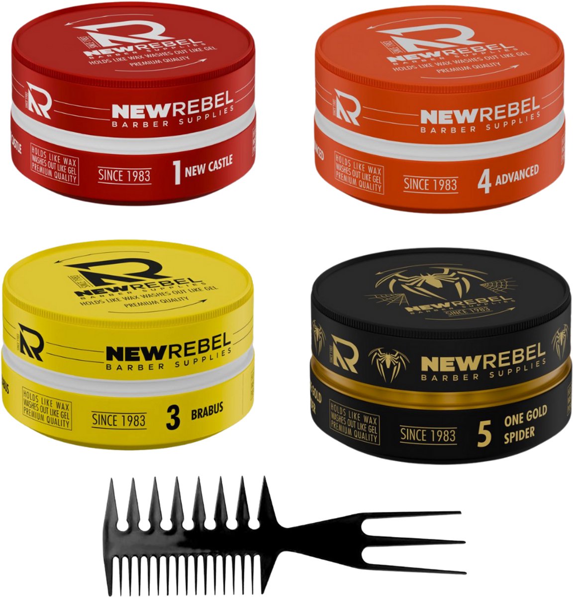 NEW REBEL Hair Wax Set – 4 Soorten – Sterke Hold & Makkelijk Uitwasbaar – 4x150ml + Styling Kam - Haar Wax Mannen