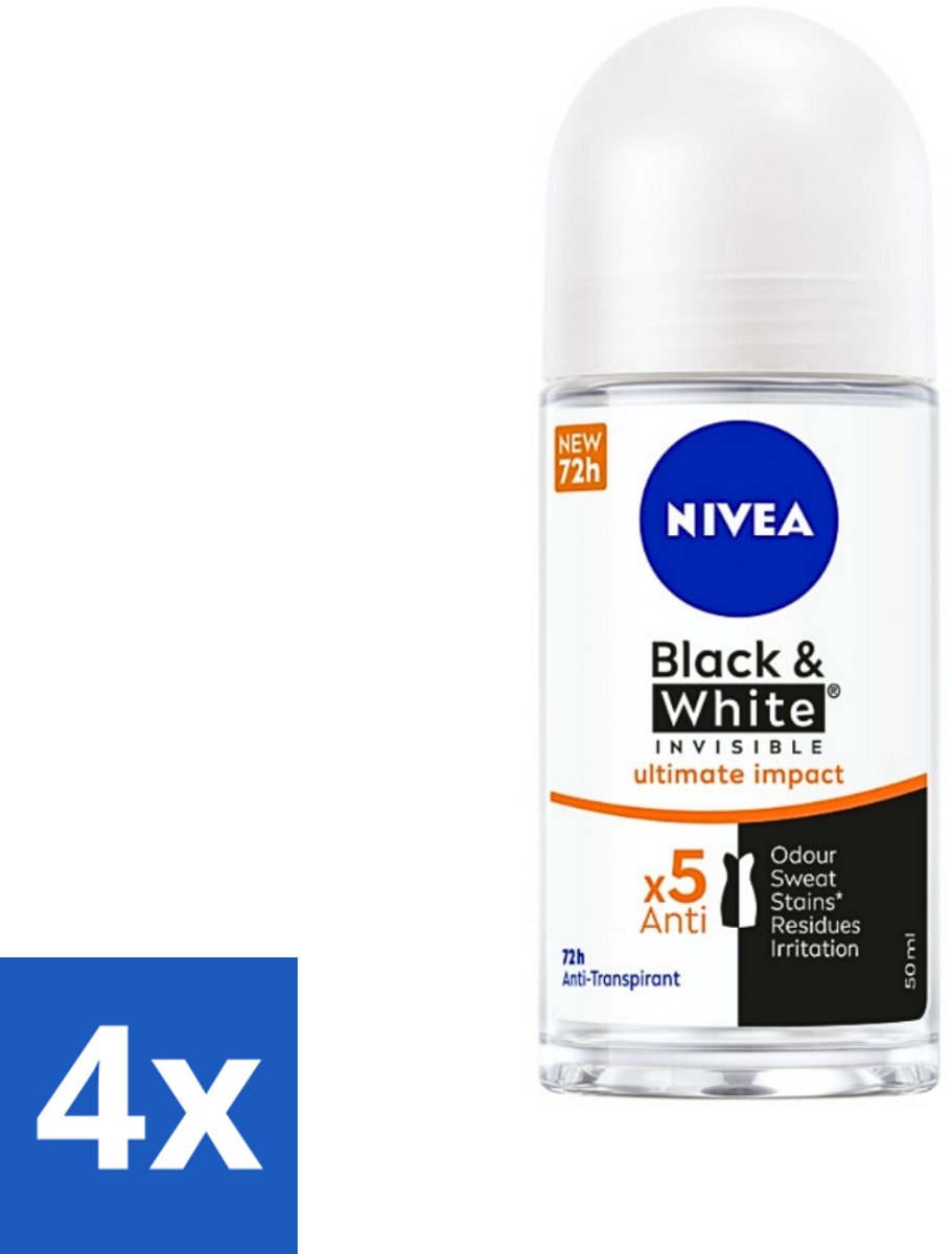 4 x NIVEA - Deodorant Roller - Zwart & Wit Ultieme Impact - 72 Uur Anti-Transpirant - 50 ml - NIVEA Deodorant - Anti-transpirant - Deodorant Roller - Anti-vlekkentechnologie - 72 Uur Bescherming