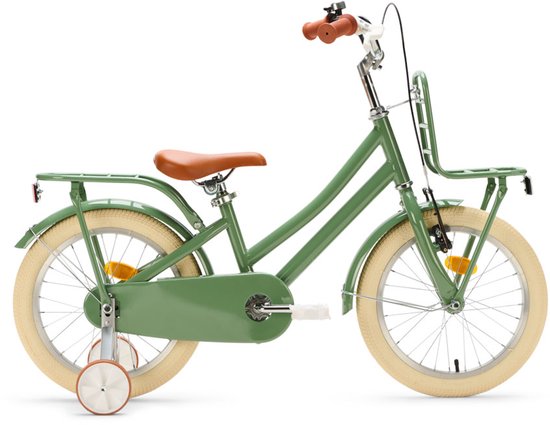Vélo enfant vert avec selle marron, guidon marron, pneus beiges, porte-bagages arrière et roulettes.