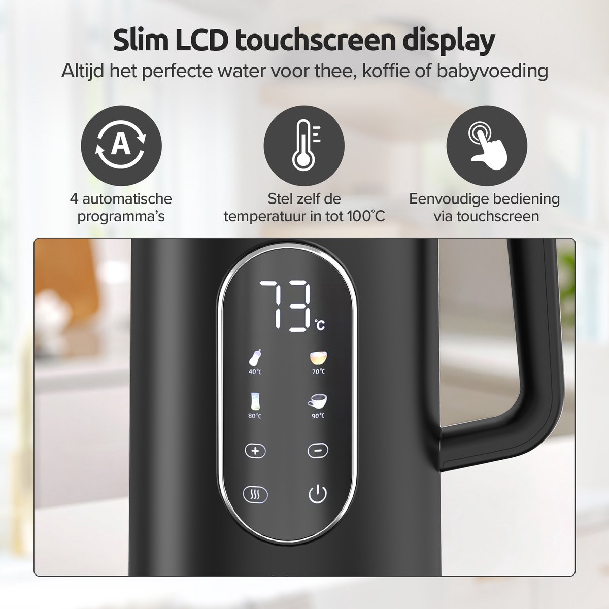Olvy Waterkoker met Temperatuurregeling - Warmhoudfunctie - RVS - Dubbelwandig - Elektrisch - 1.7 Liter - 2200W - Zwart — afbeelding 7
