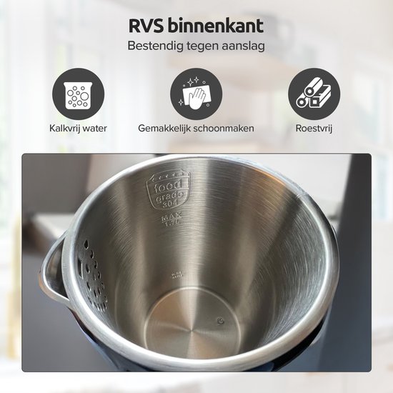 Binnenzijde van de zwarte Olvy waterkoker, gemaakt van RVS (food grade 304).