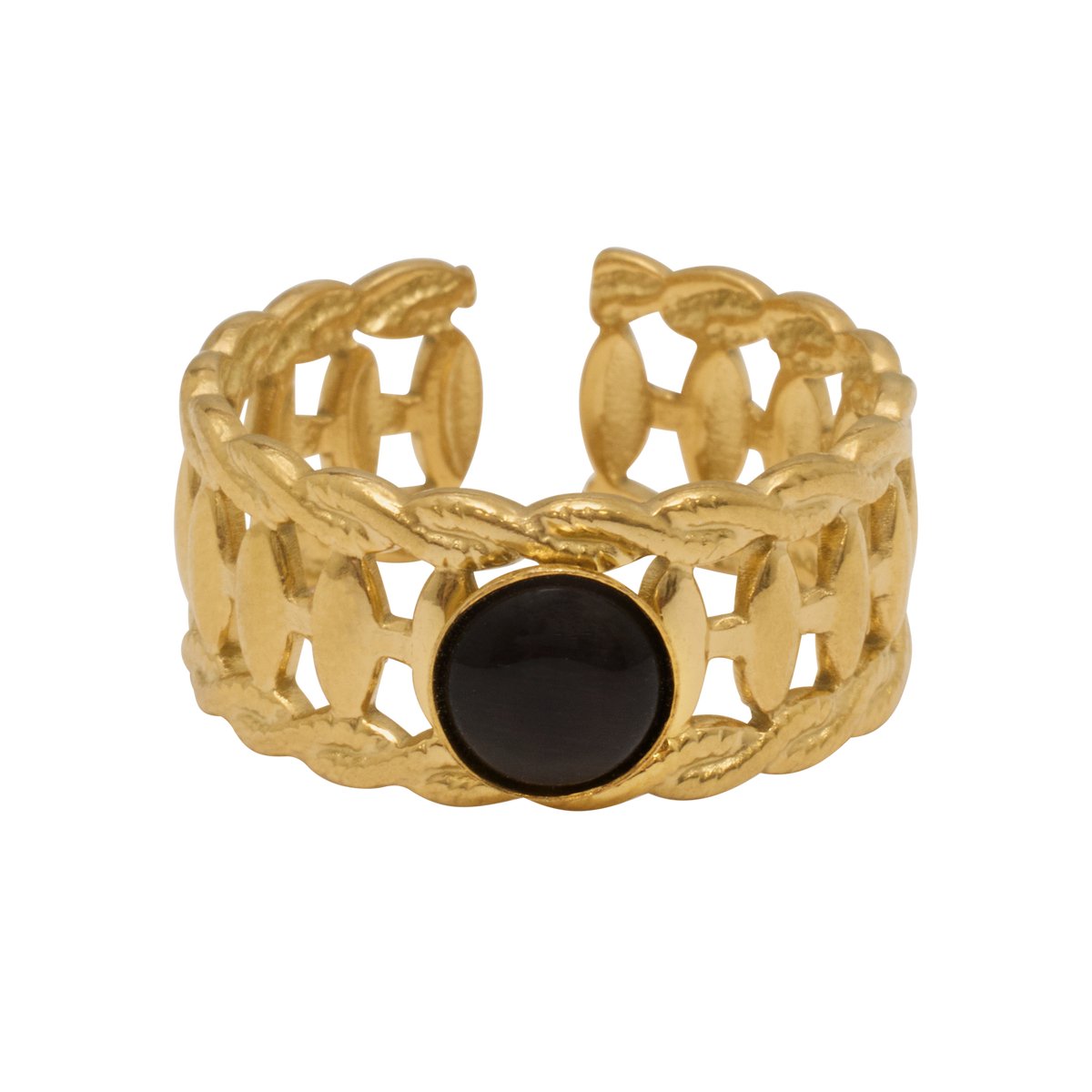 Essenza Round Black Stone Ring Gold