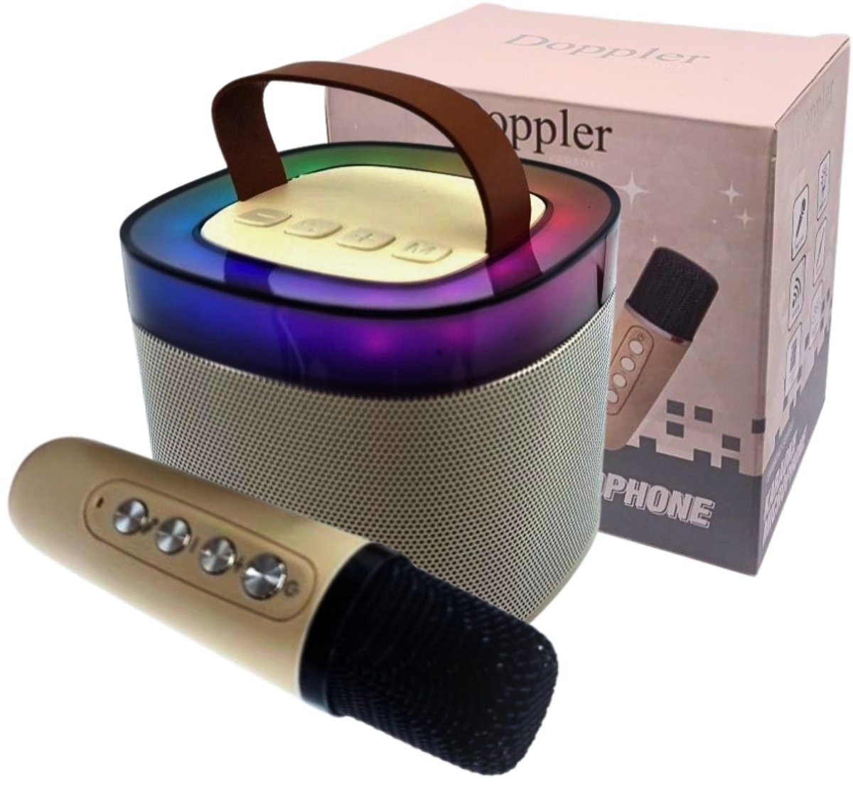 Doppler Diamond – Bluetooth Karaoke Set met Draadloze Microfoon, LED Verlichting & 10W Stereo Speaker – Crème