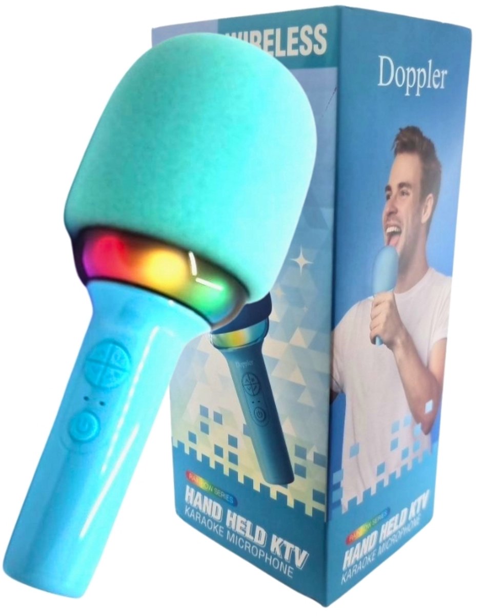 Doppler Rainbow Karaoke Microfoon – Bluetooth 5.0, LED Verlichting & Stemvervormer – Turquoise Blauw