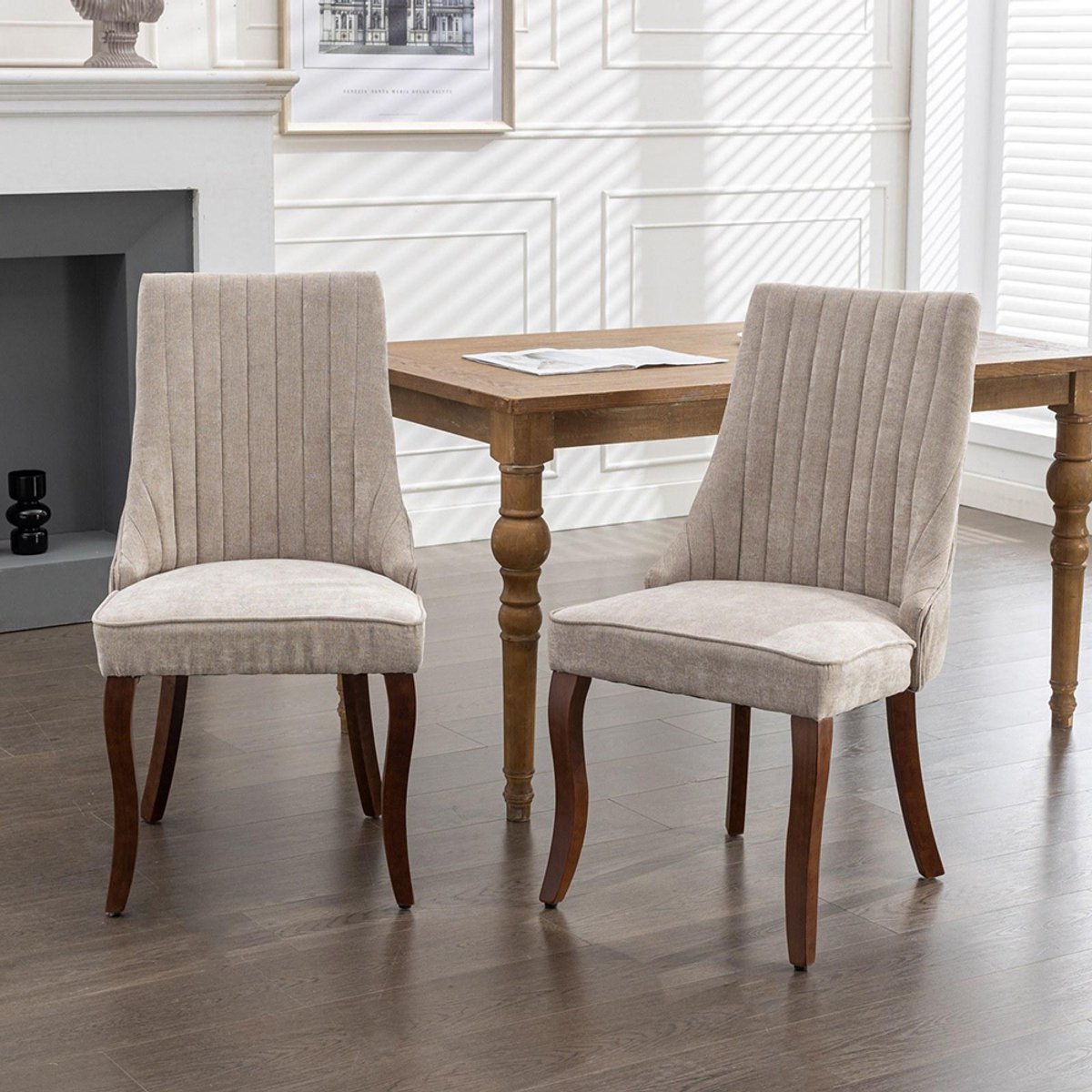 Pugsdrly Eetkamerstoelen van gevlokte rayon, Channel-keukenstoel, comfortabele bijzetstoel van gestoffeerde stof voor de eetkamer met gebogen massief houten poten, set van 2 (beige), DE1847BG Crèmekleurig