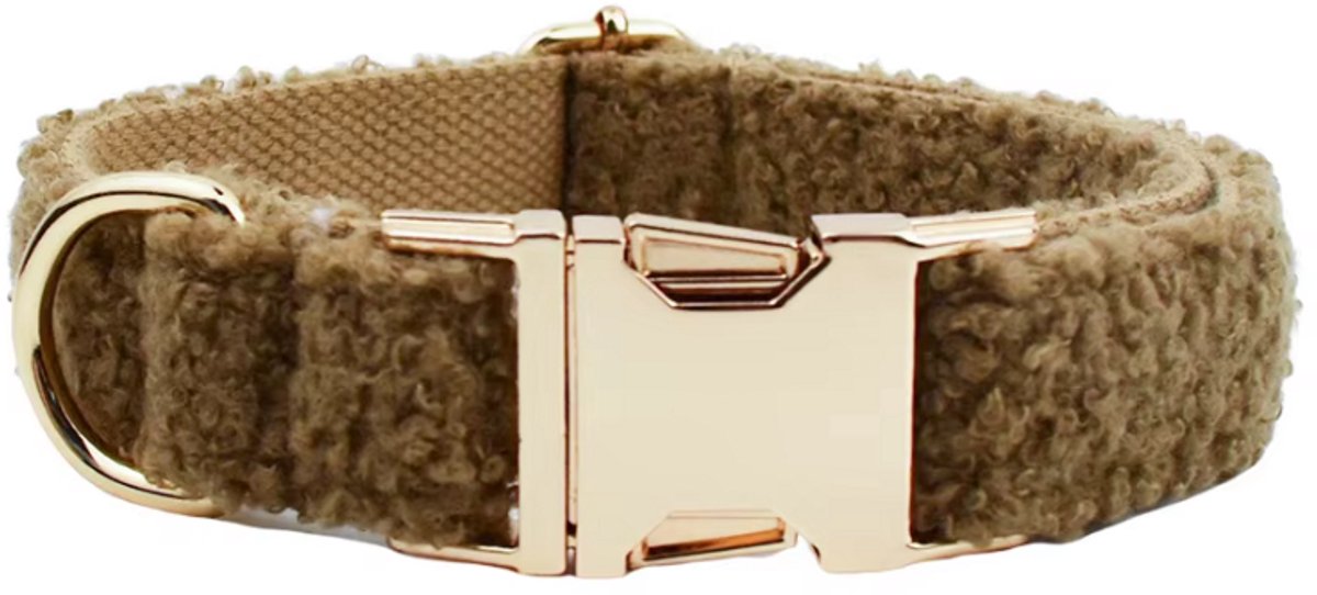Bruine Luxe Hondenhalsband – Fleece Textuur, gouden Gesp, Maat M (27–41cm) | Warm & Elegant