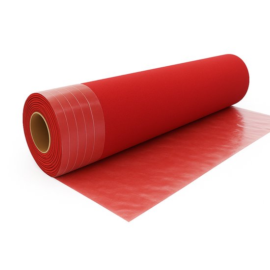 Un tapis rouge en rouleau avec une protection en plastique en dessous, fixé par du ruban adhésif.