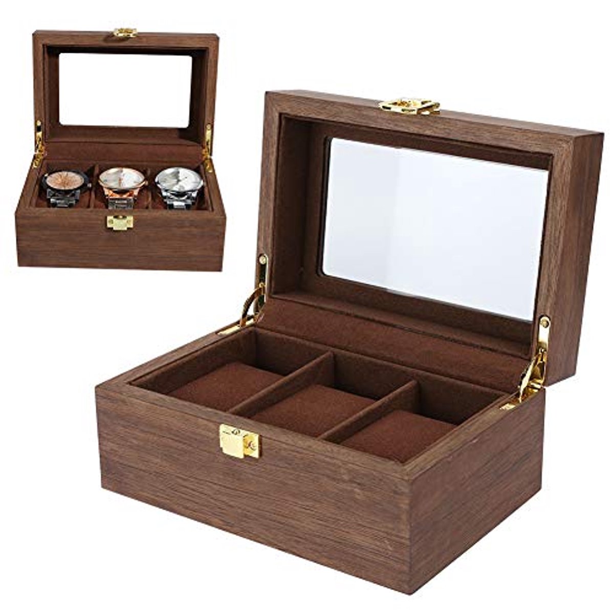 Horlogedoos voor 3 horloges met glas - Zwart Walnoot