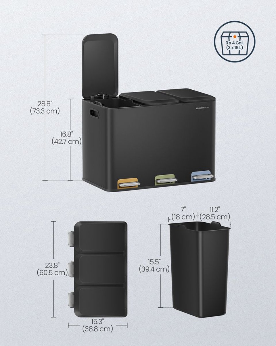 SONGMICS = pedaalemmer - Keukenprullenbak - 45 liter - zwart - 3 x 15 L compartimenten