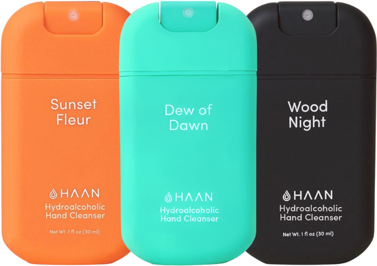 HAAN Hydrating Handspray - 30ml - 3-Pack - Navulbaar - Daily Moods Mix: Dew of Dawn, Sunset Fleur, Wood Night - 3x 30ml