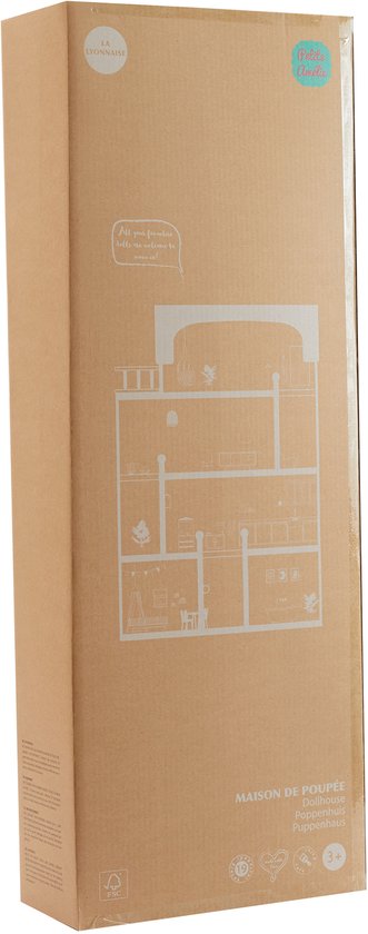 Kartonnen doos voor poppenhuis 'Maison de Poupée' met een tekening van het huis en meubels.