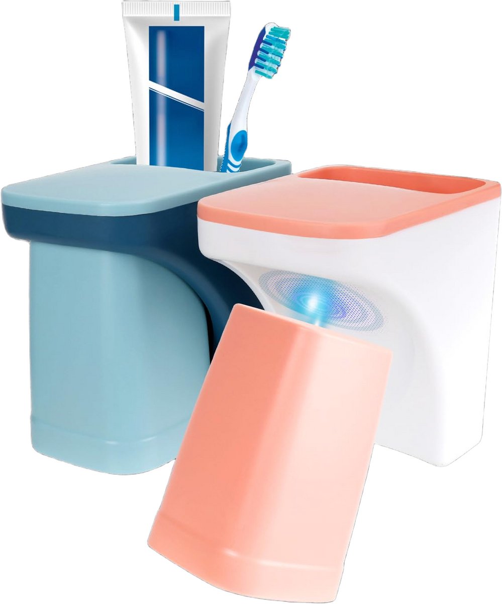 QTTVBTNA -2-delige magnetische tandenborstelhouder met beker – zonder boren – wandmontage badkamer organizer met afneembare drinkbekers (blauw & roze) – hygiënische tandpastahouder voor gezin en kinderen
