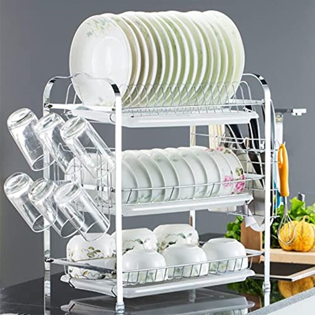 Afdruiprek voor servies met 3 afneembare afdruipschalen, antislip en multifunctioneel 42 x 25 x 49 cm