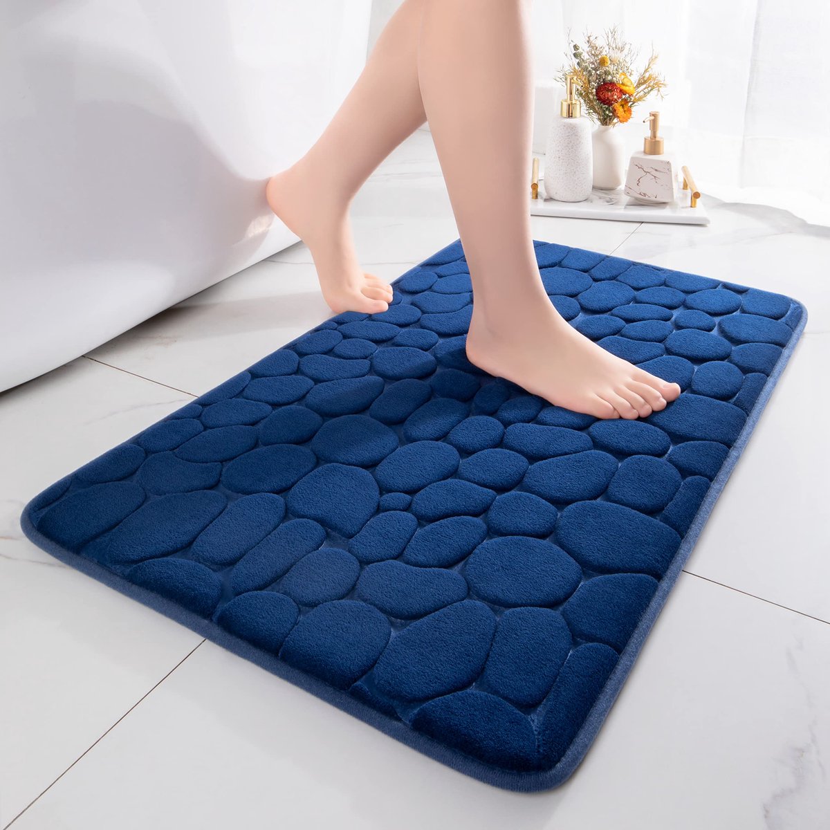 Azomor® Donkerblauwe antislip badmat met memoryfoam voor badkamer en woonkamer