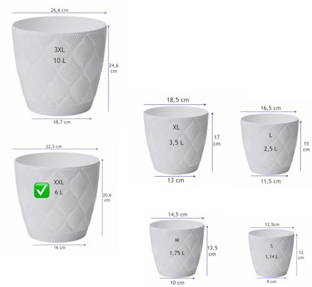 Decoratieve Plantenpot XXL - 100% Gerecycled, Met Onderzetter en 3D-patroon (Wit)