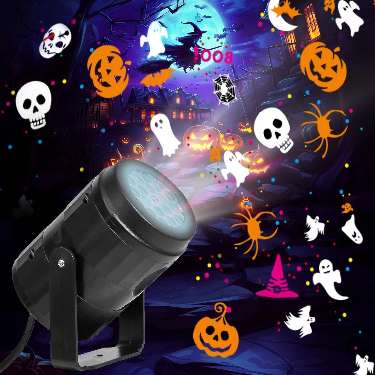 Daity Halloween-projectorlicht voor buiten/binnen - LED-projector voor Halloween-decoratie - feestelijke projector voor Halloween-feest - verbeterde Halloween-binnenverlichting (2025) - Halloween-cadeau (zwart)
