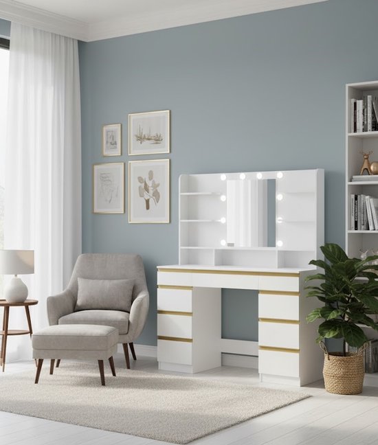 ODK Kaptafel met Verplaatsbare LED-spiegel, Schminktafel met Ingebouwde USB- stopcontacten & RGB-lichtstrip, Make-uptafel met kruk en 8 lades, Witte make-uptafel 110×40×137cm
