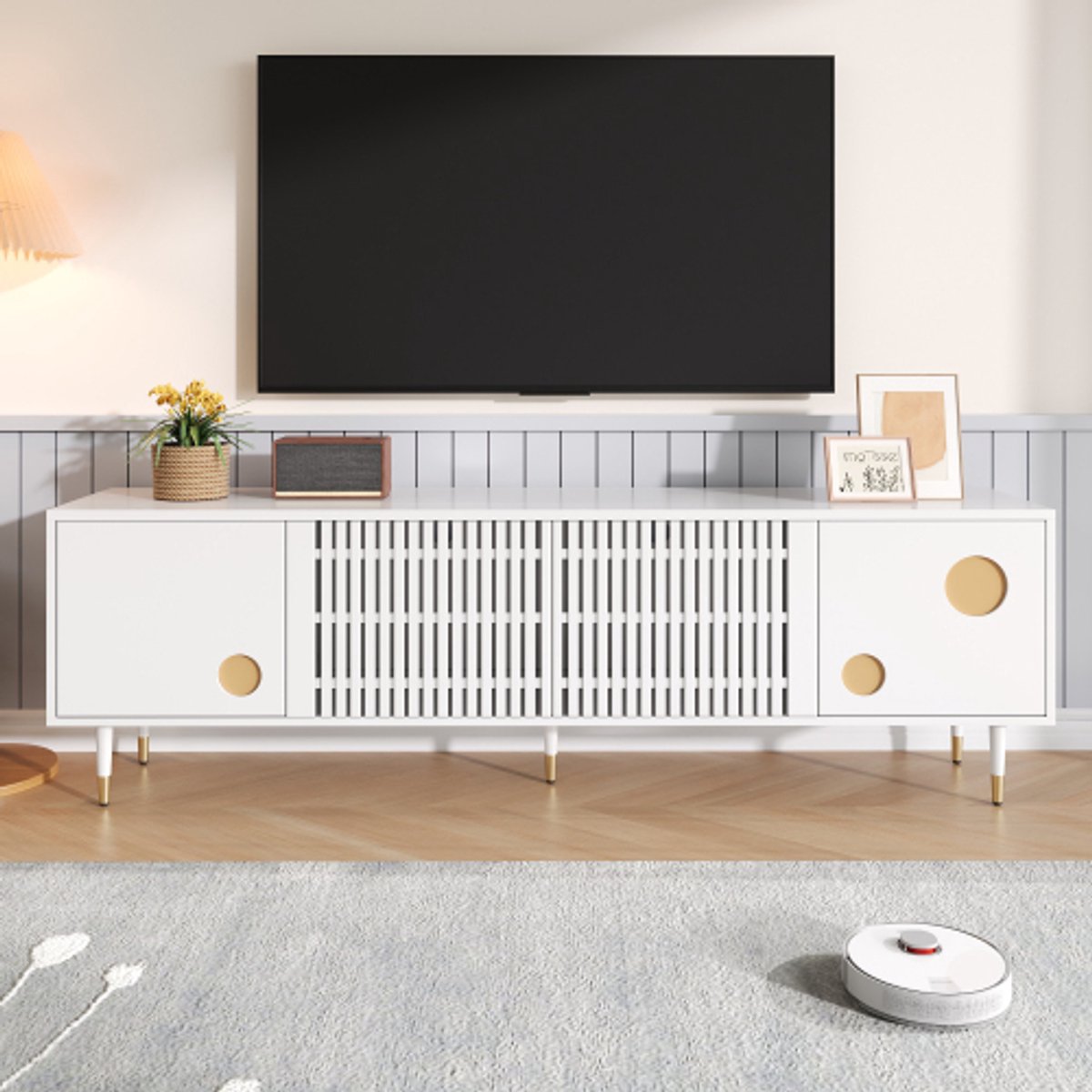 TV-meubel 170x36x54 cm – Met houten deuren, gouden accenten en verborgen handgrepen – Modern woonkamermeubel met rasterdesign